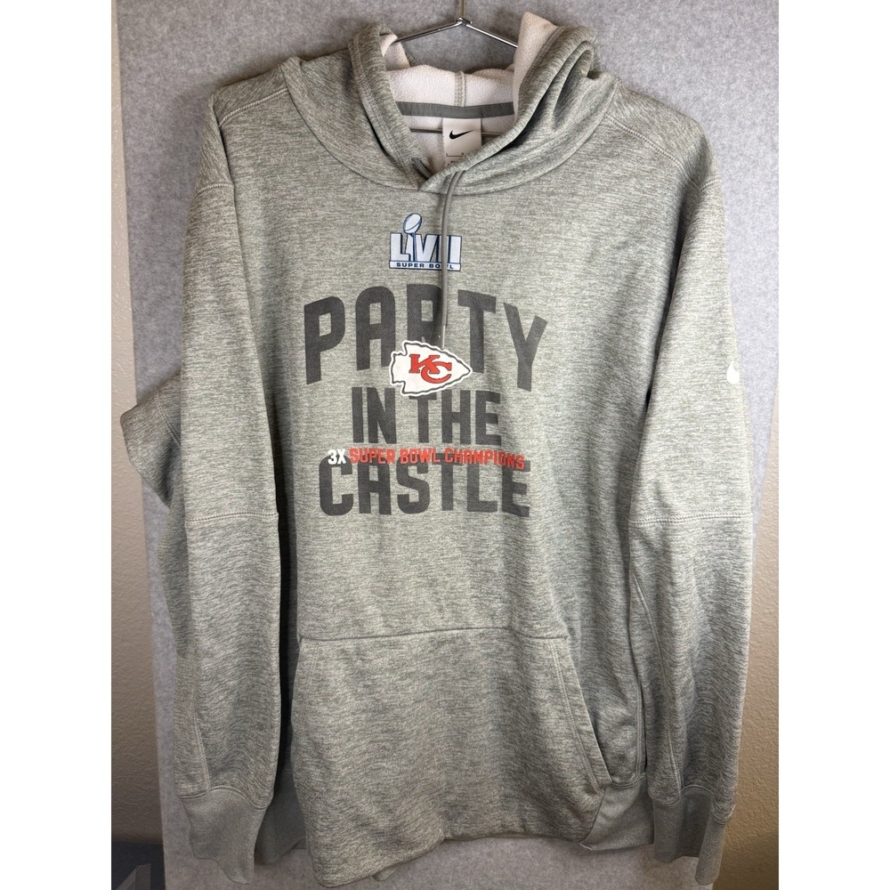 Nike Kansas City chiefs Super Bowl lvll champions party in the Castle hoodie